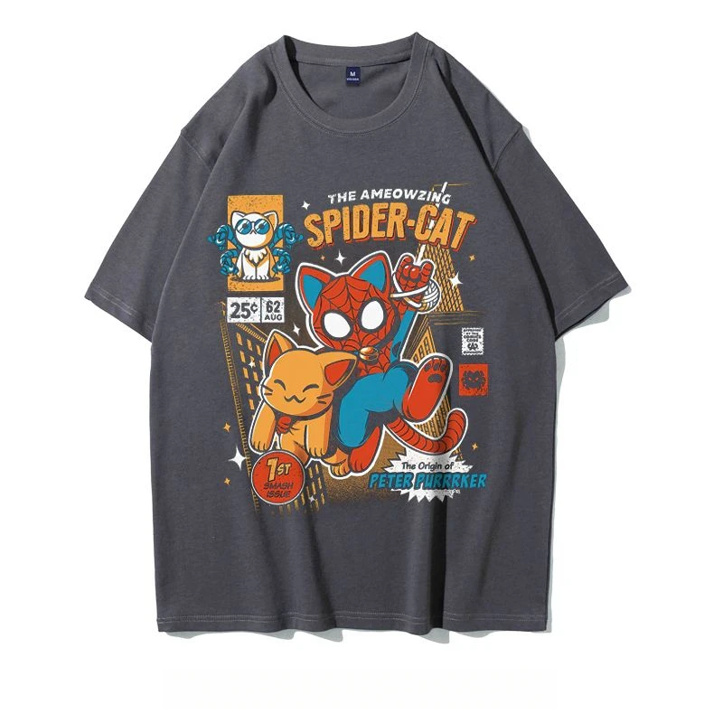 Spidercat Funny Graphic Cotton T-shirt Unisex Men Women Short Sleeve Summer Short Sleeve Fashion Fan Essentials Daily Casual Tee