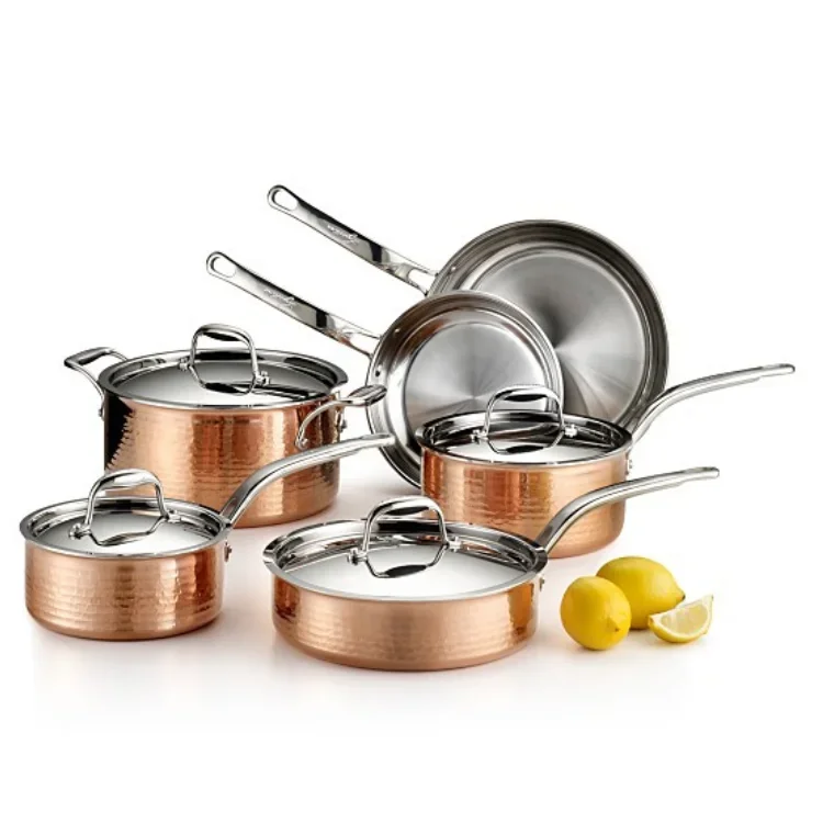 High Quality Hammered Triply Stainless Steel Cooper Cookware Set with Riveted Handle in Golden Color