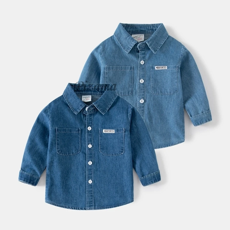 Full Sleeved Cotton Boys Jeans Shirts Kids Clothing Children\'s Blue Denim Long Shirts Spring Autumn Boys Tops for 2 to 7 Years