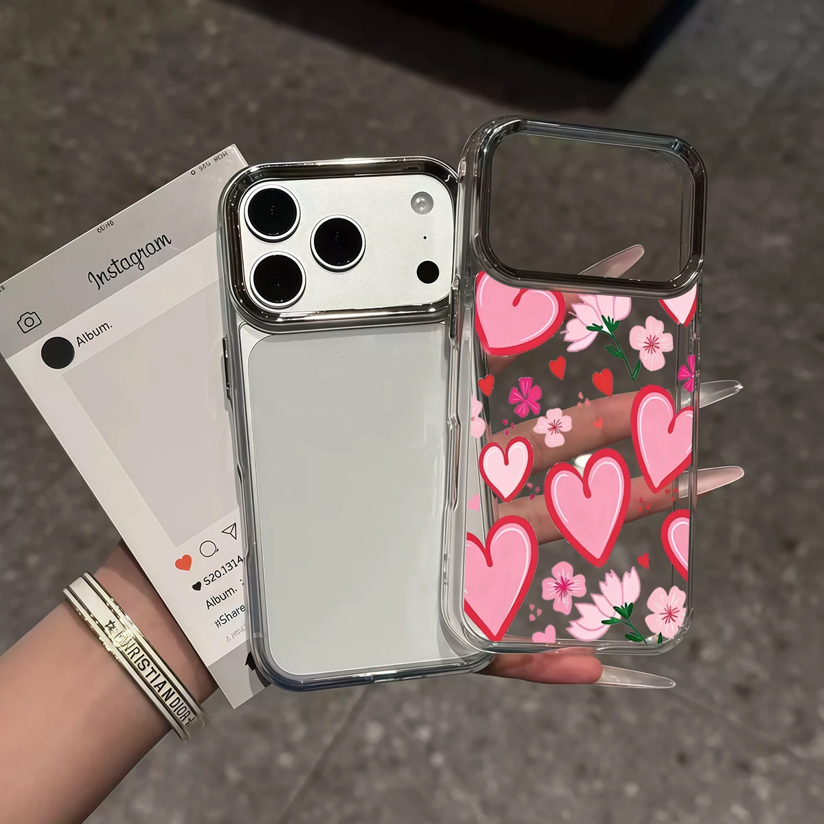 Pirve Phone Case For iPhone 18 17 16 15 14 Pro Max 16E Silver Lens Frame Transparent Shell Heart Blossom Dream Cover