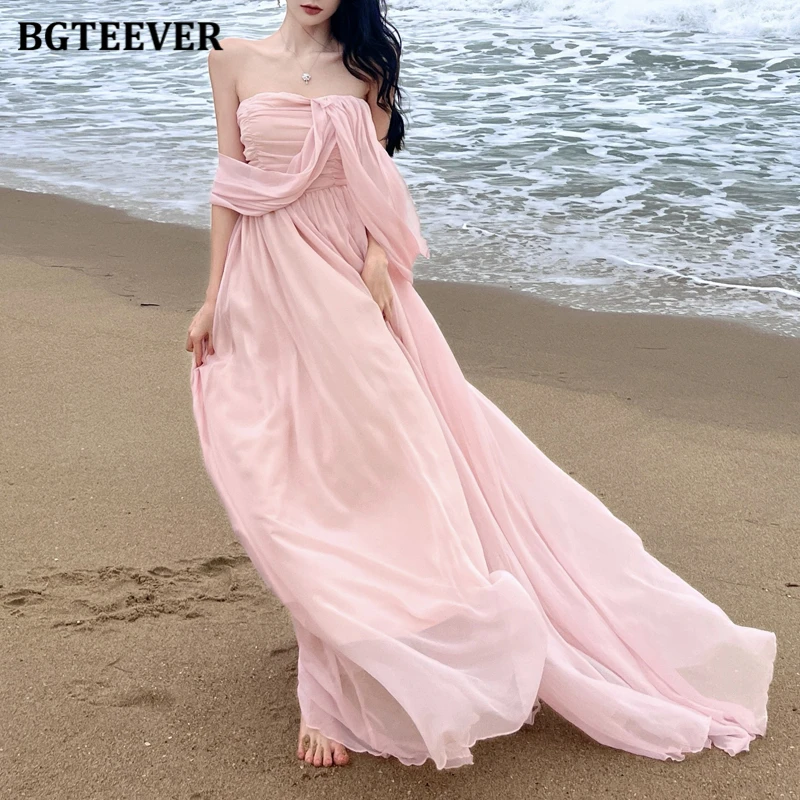 

BGTEEVER Chic Casual Slim Waist Female Strapless Long Dress Spring Summer Fashion Women Sleeveless A-line Dress Ladies Vestidos