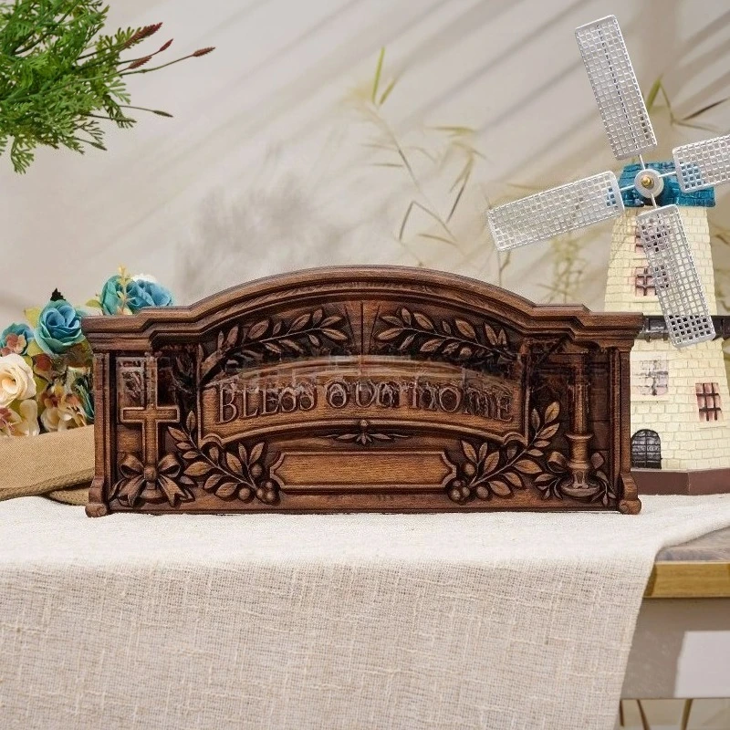 European-Style Vintage Wooden Home Decor: Blessing Plaque, Wooden Carved Cross Ornament