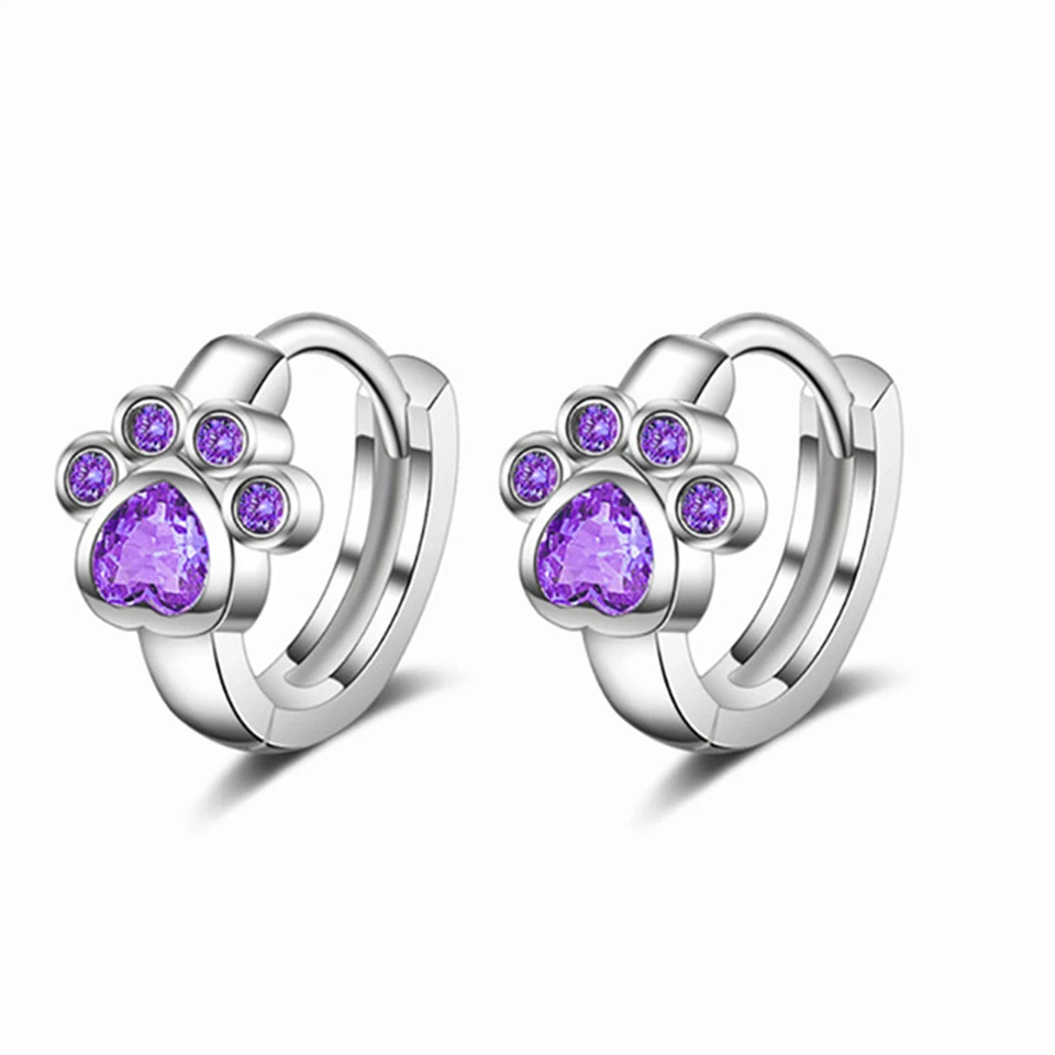 Silver Color Cat Paw Hoop Earrings Light Blue Heart Shape Round Crystal Stone Cute Girls Earrings Jewelry Festival  Party image 5