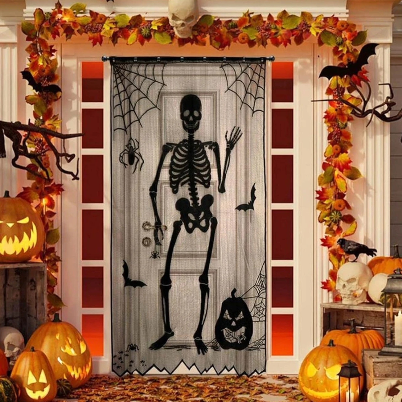 Halloween Skeleton Lace Door Curtain Black Skull Spider Bat Pumpkin Window Curtain For Ghost Party Home Wall Decorations view 3