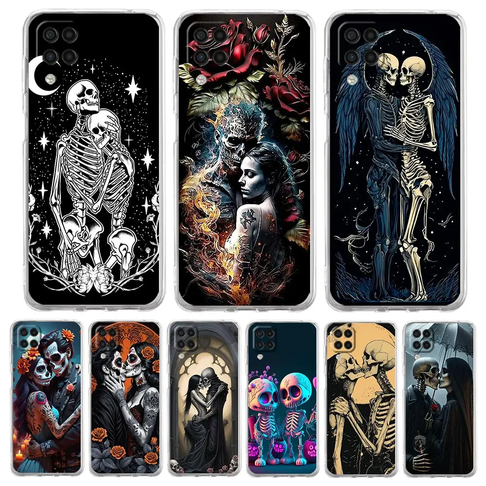 Soft TPU Cover for Samsung Galaxy A13 A15 A17 A23 A25 A32 A33 A35 A52 A53 A55 5G Transparent Phone Case Skeleton Love Skull Bags
