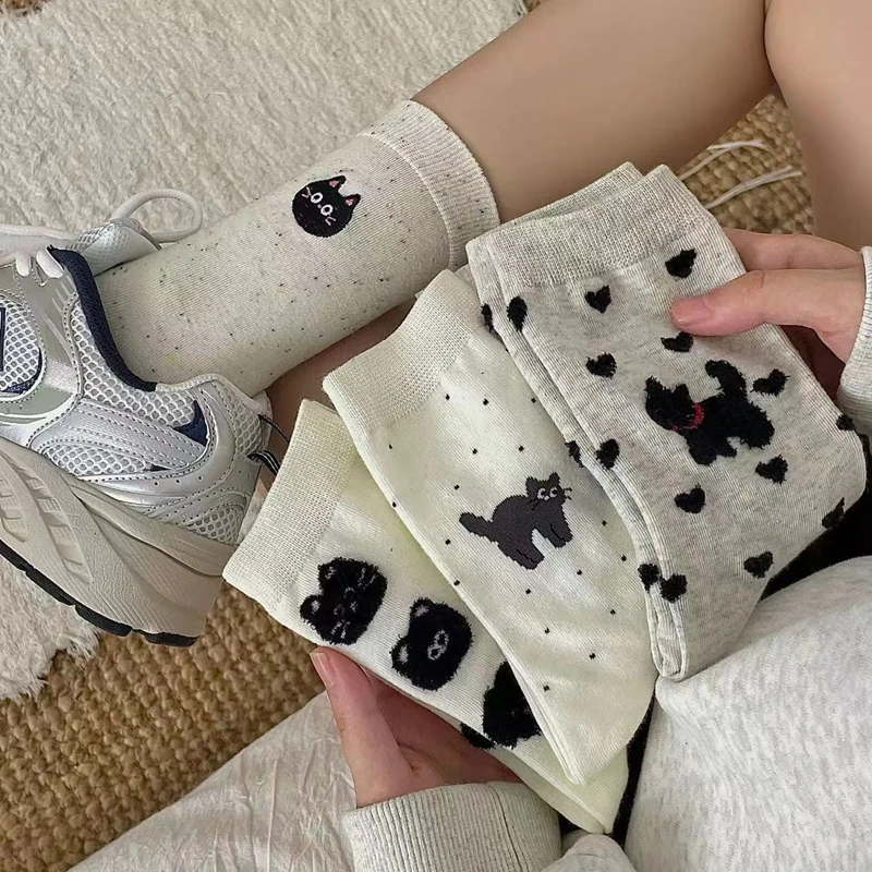 Socks Women's Cute Kawaii Illustrated Cartoon Warm Cotton Kitten Heel Flocking Day Cute Color Dots Casual Mid-tube Comfortable