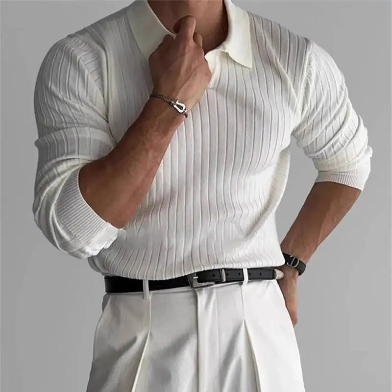 Men's Fashion Luxury V-Neck Knitted Jacquard Polo Shirt Solid Color Long-Sleeved Korean Popular