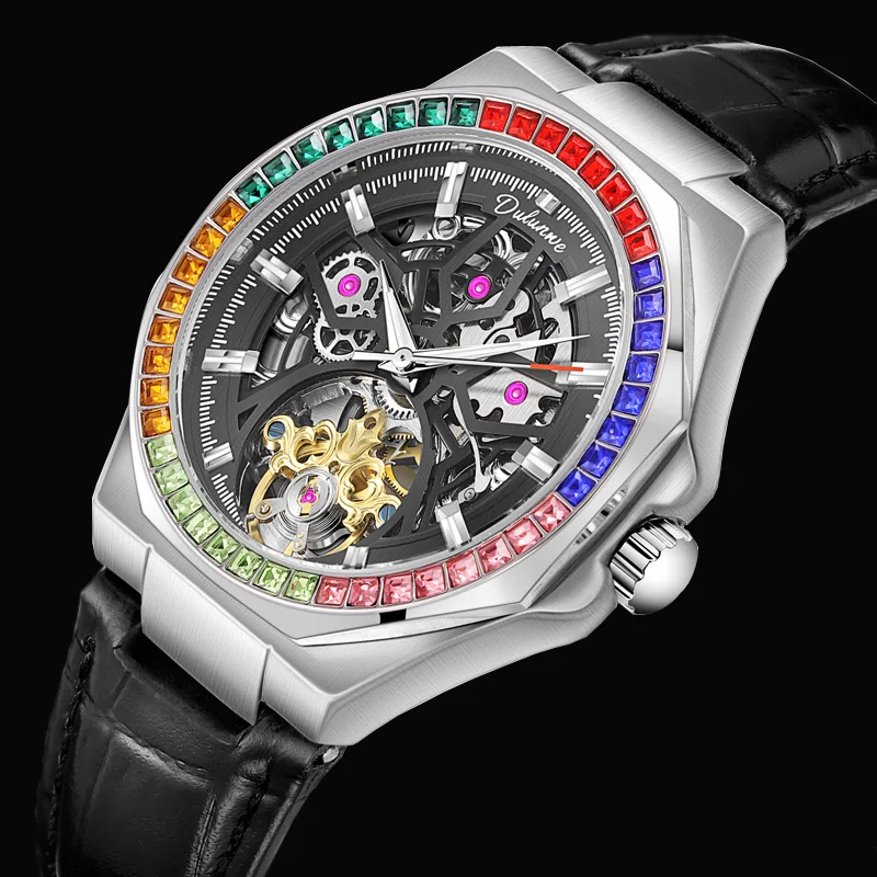 Luxury Tourbillon Mechanical Watch Leather Strap Skeleton Automatic Mechanical Mens WristWatch Fashion Self Winding reloj hombre