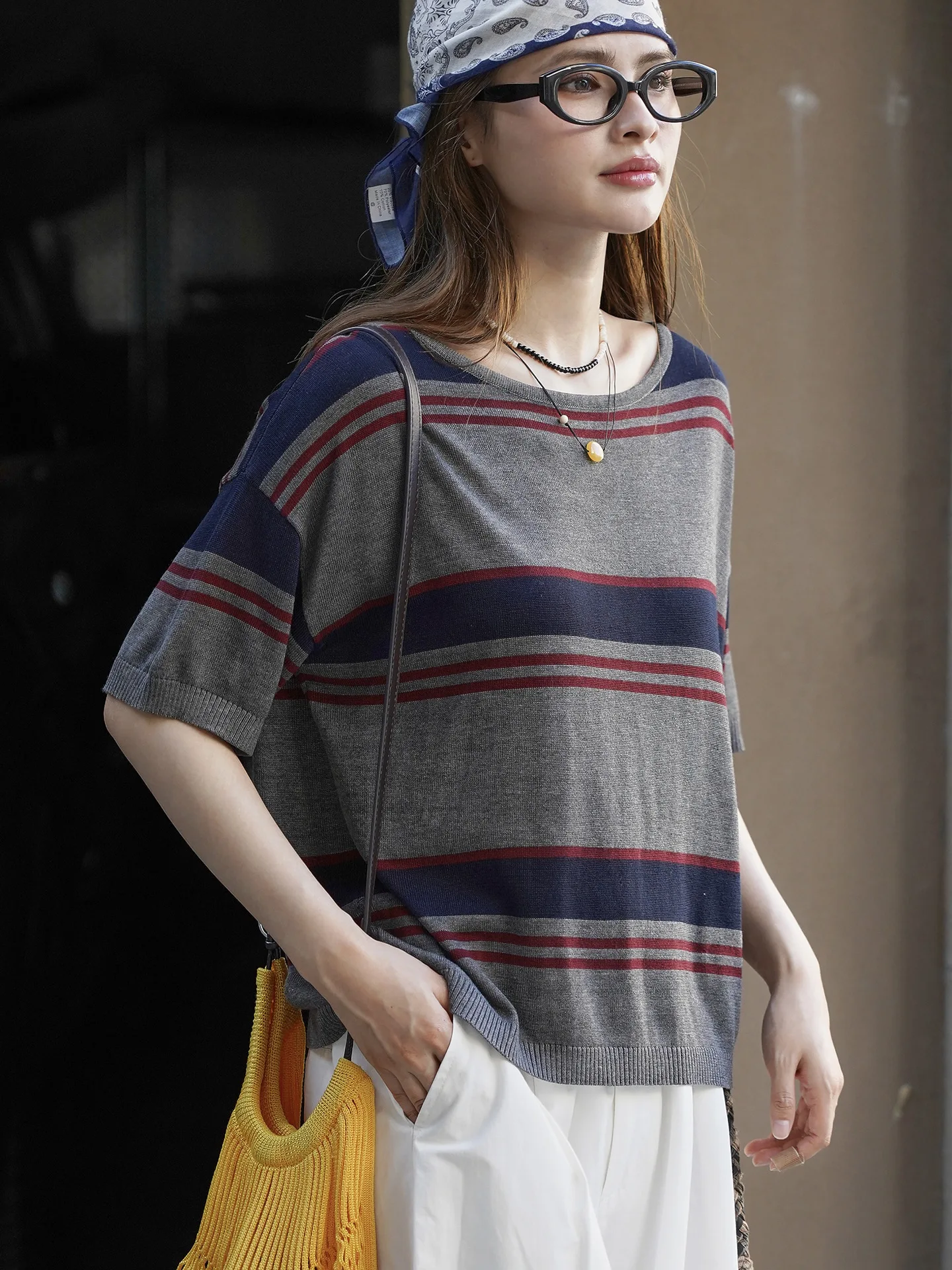 

Spring and summer women's casual striped round neck short sleeved loose T-shirt