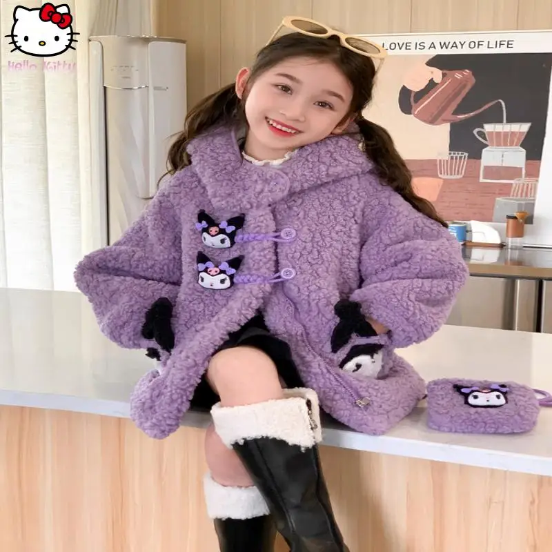 

Girls Kuromi Clothing Kawaii Hooded Warm Jacket Anime Cartoon Autumn and Winter New Sanrio Student Thickened Lamb Sweat Tops