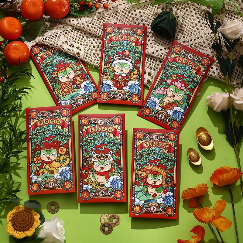 6pcs New Year Red Envelope 2025 Year Of The Snake Chinese Red Envelope Chinese New Year Wedding Birthday Envelope Party Gift
