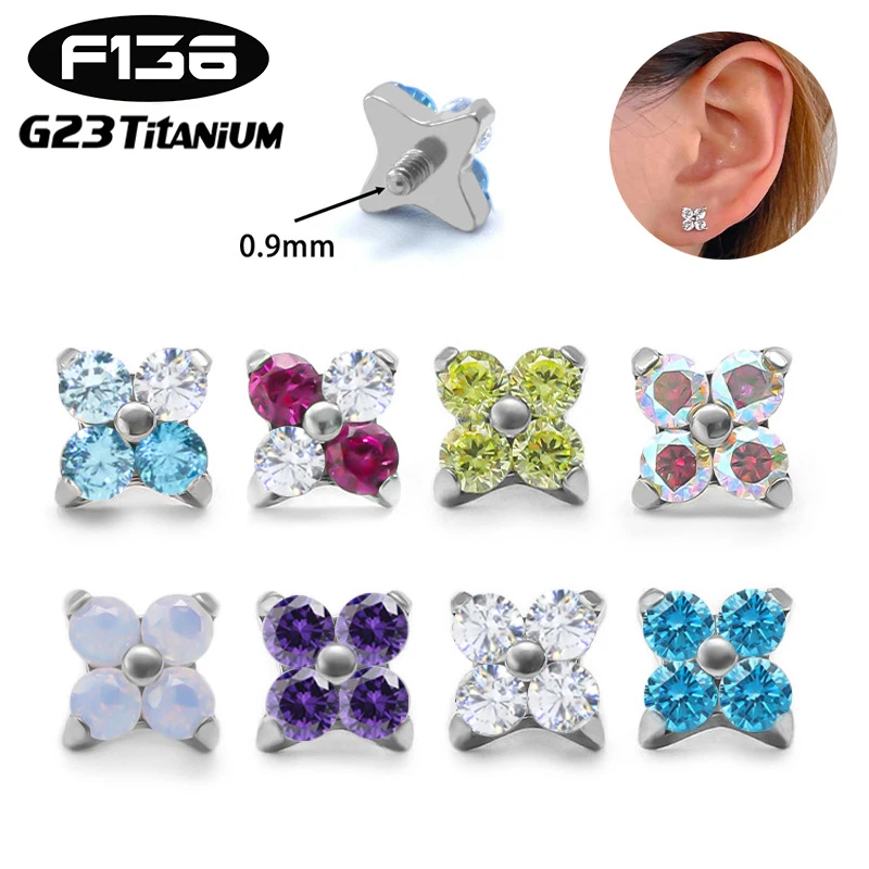 1PC ASTM F136 Titanium Piercing Labret Internal Thread Ear Studs 5A Zircon Flower Helix Cartilage Earring Lip Stud Body Jewelry