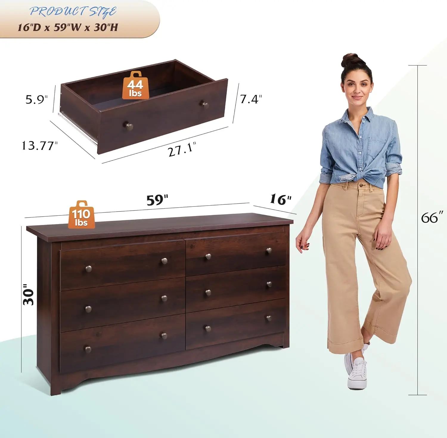 Wood Dresser with 6 Drawer, Wide Chest of Drawers for Bedroom, Long Nightstand with Drawers, Modern Large Storage Tower Unit image 3