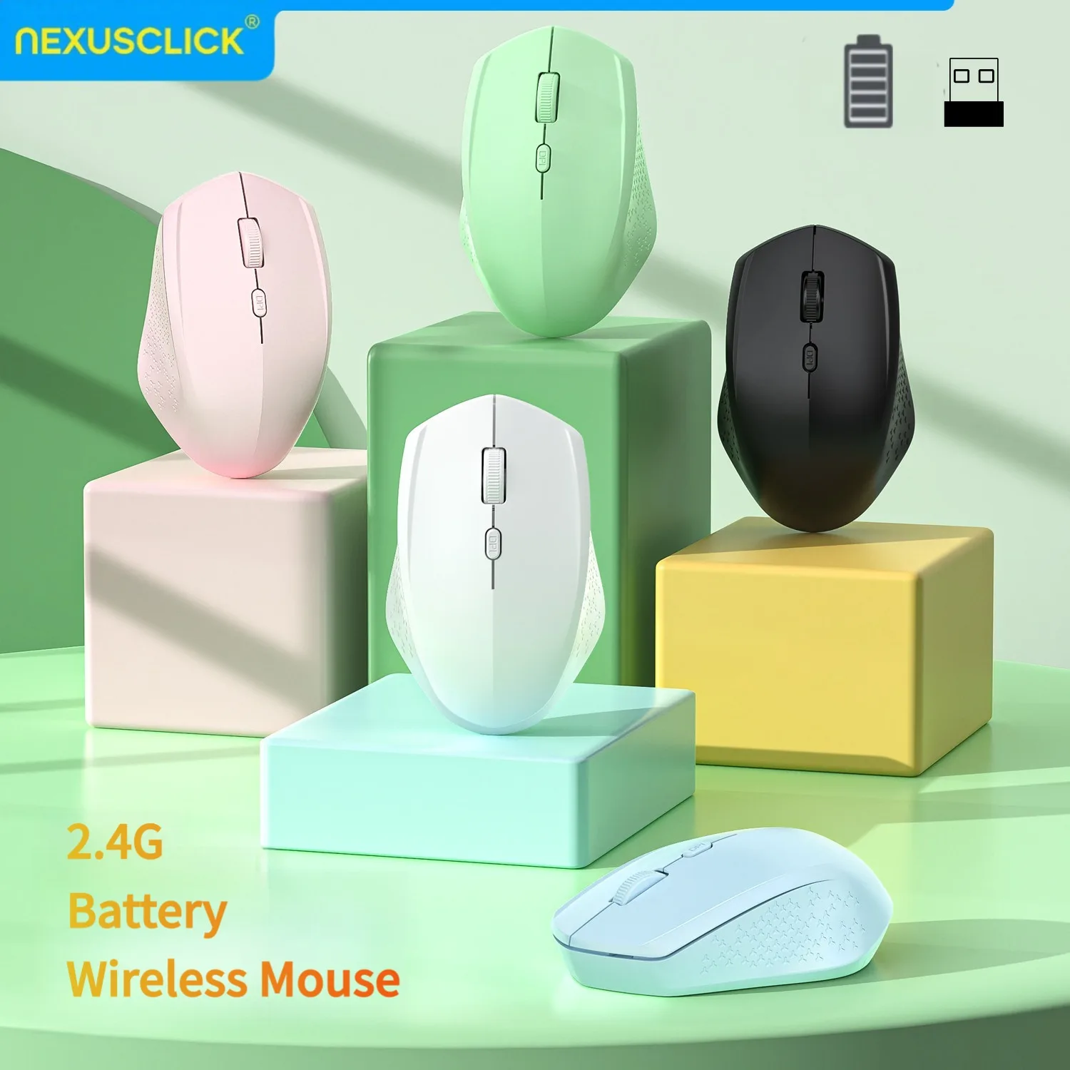 NexusClick Ergonomic 2.4G Wireless Office Mouse, 1600DPI Optical AA Battery Mice for MacBook Computer Laptop Tablet Accessories