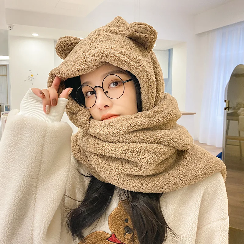 Cute Bear Ear Hat Scarf Women\'s Korean-Style Autumn and Winter Thickening Warm Earflaps Cap Fashion Hooded