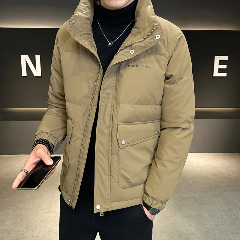 2023 winter new down jacket for men short standing collar national standard fleece thickened down coat