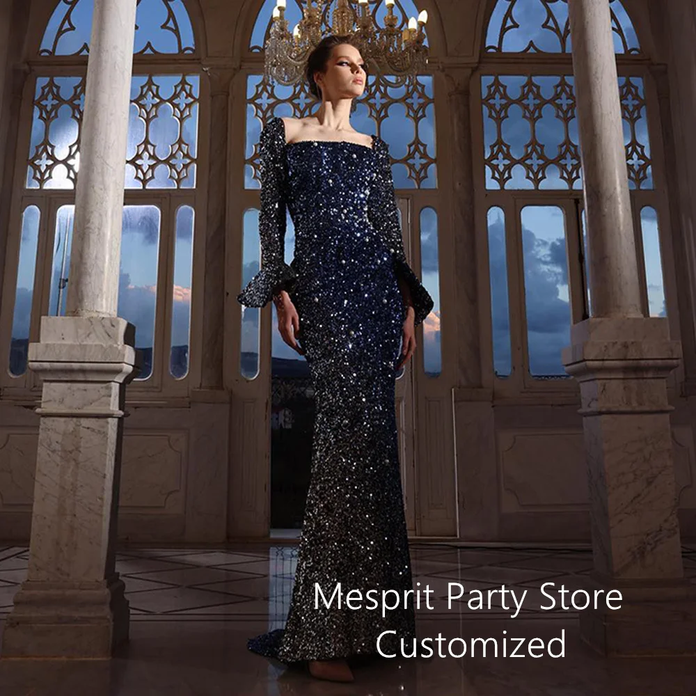 

Sparkling Prom Dress Arabic Mermaid Evening Dresses Customized Square Neck Flare Sleeves Sequined Pageant Party Gown