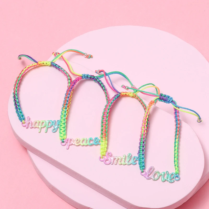 4Pcs/set Colorful Handmade Knitted Rainbow Rope Happy Smile Love Peace Words Charm Bracelet for Girls DIY Jewellery