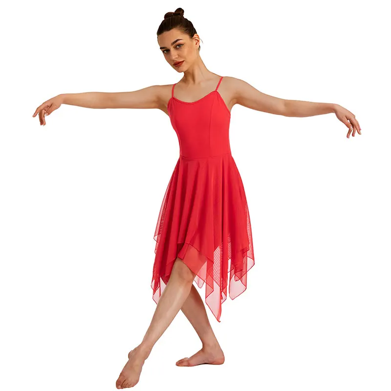 Women Modern Lyrical Camisole Dress Dance Costume Ballet Asymmetric High-Low Mesh Skirted Sleeveless Leotard Gymnastic Dancewear