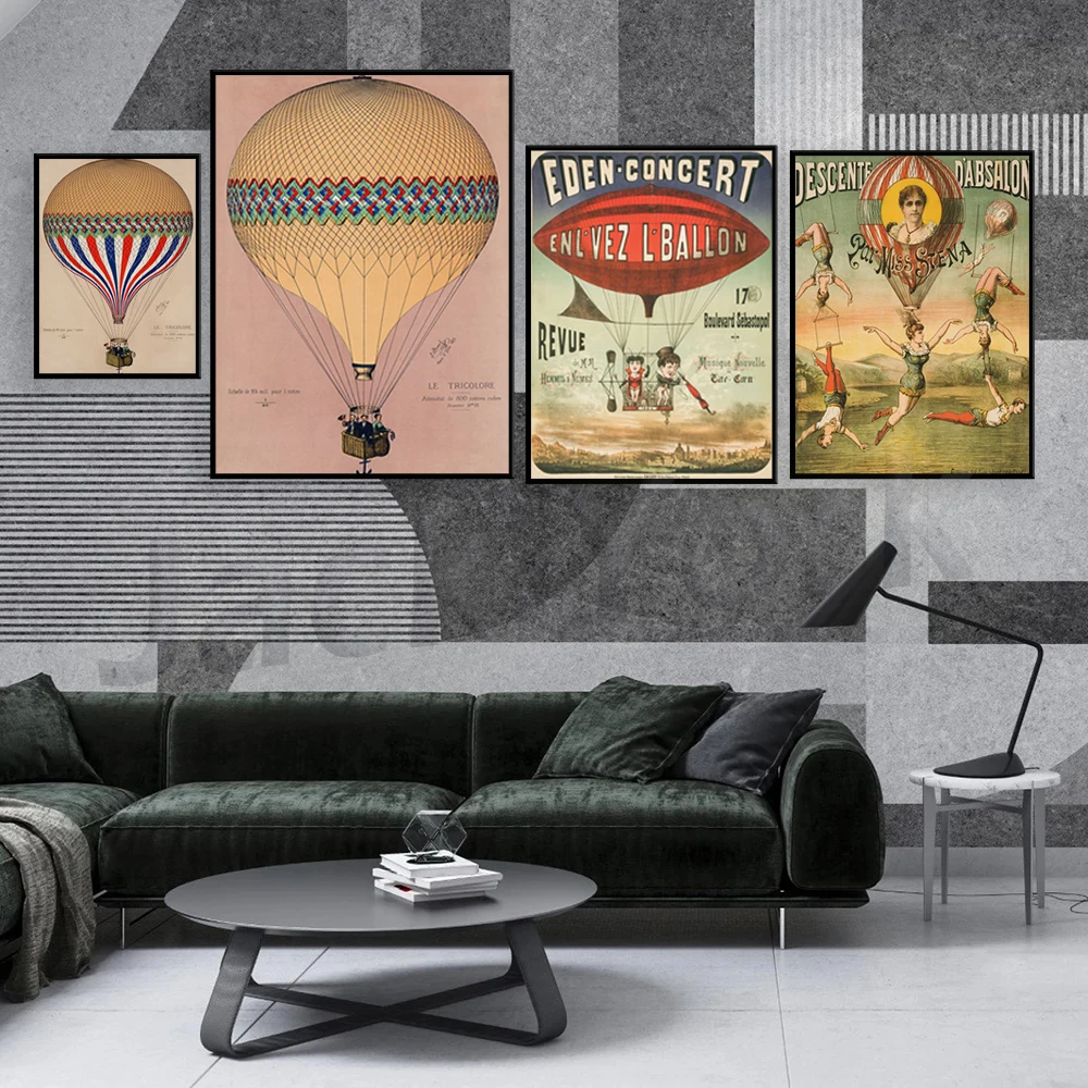 Print Hot air balloon art circus poster, vintage balloon art print, vintage circus trapeze