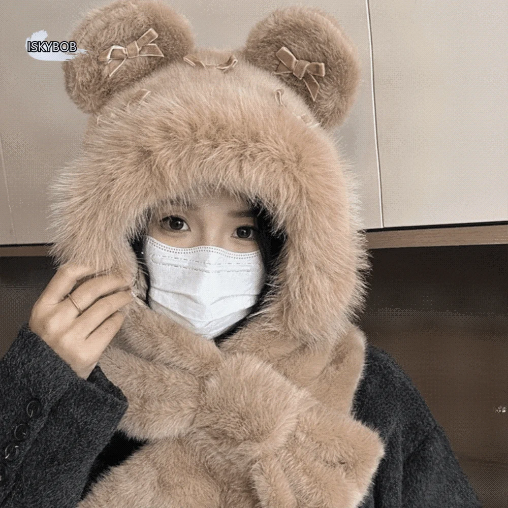 

Personality Fluffy Bow Ear Protection Hat Thickened Ear Protection Beanies Cap Cold Proof Keep Warm Balaclava Hat Outdoor