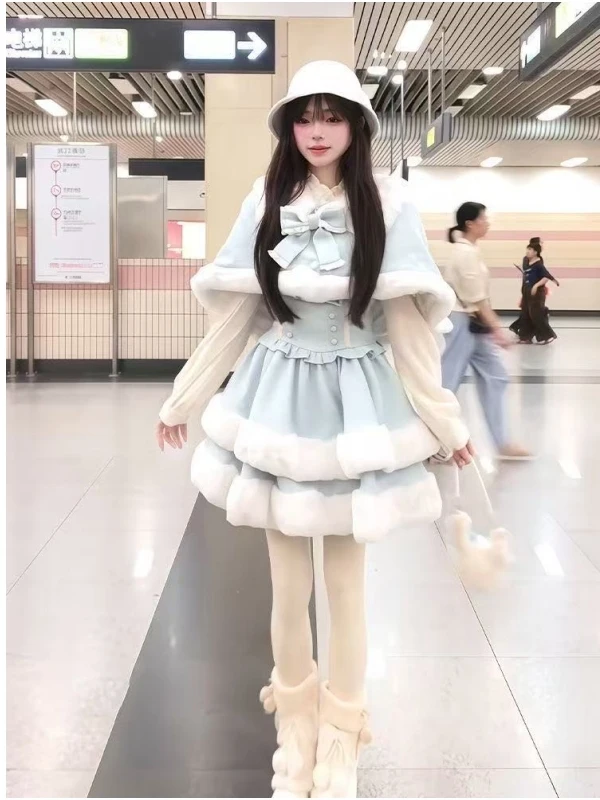 

【 Matsushiro Nana 】 Autumn and Winter Blue Fur Collar Bow Cape+sweet Temperament Top+dress Lolita Party Date Set