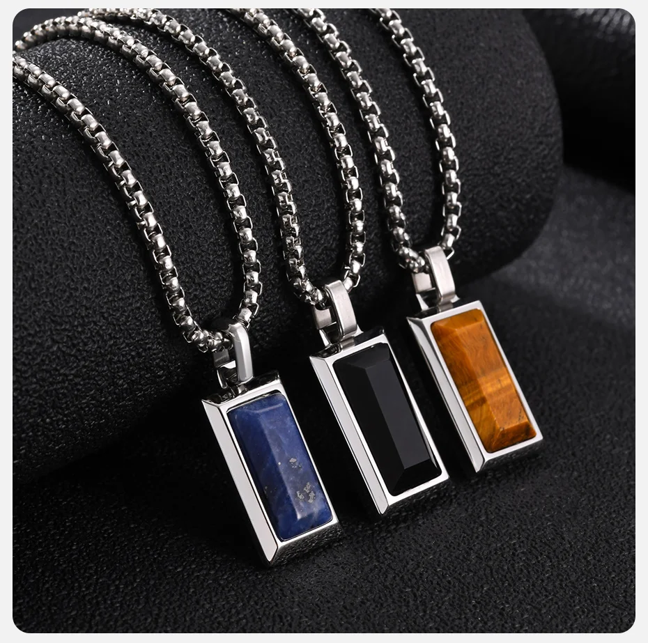 Vnox Edelstahl-Halskette mit rechteckigem Anhänger für Herren, Tigerauge, schwarzer Onyx, Naturstein-Anhänger, Kastenkette, Schmuck, Geschenk – Detail 6