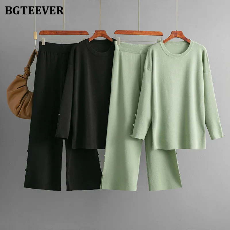 

BGTEEVER Autumn Winter Ladies Knitted Outfits O-neck Pullovers Jumpers & Wide Leg Pants Women Sweater Set