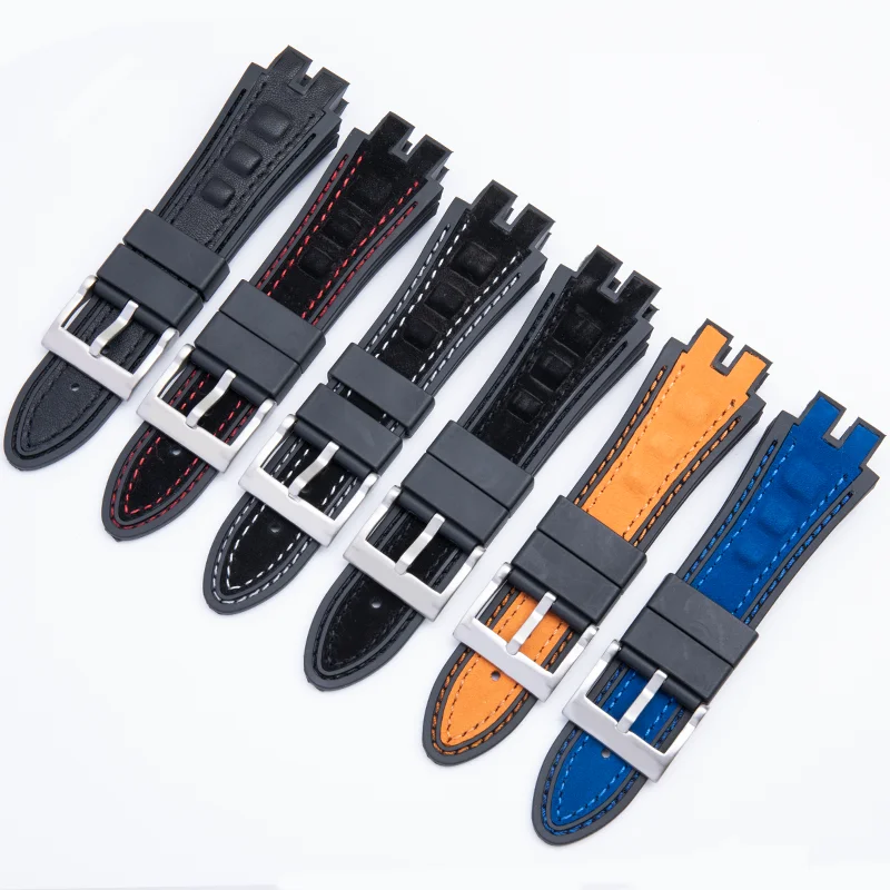 28mm Black Blue Red Yellow Nubuck Leather Belt Silicone Watch Band Accessories Fit For Roger Dubuis Strap For EXCALIBUR Series