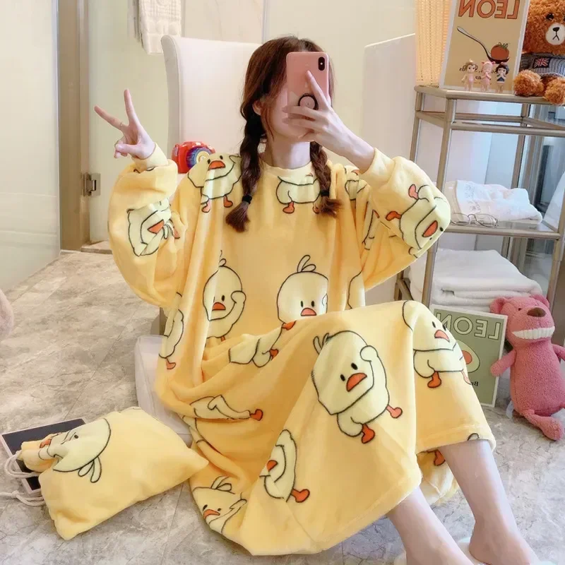 Warm Big Negligee Lounge Dress Thick Sleepwear Nightgowns Flannel Size Winter Coral Kawaii Long Gowns Wear Women Fleece Pajamas