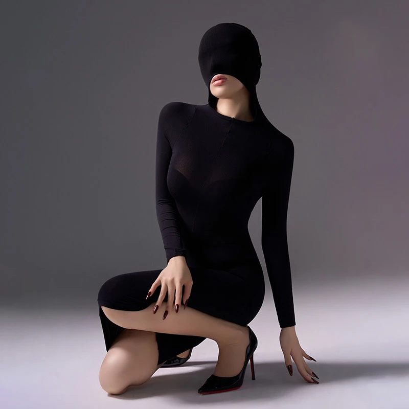 

Sexy Women 120D Velvet Head Encasement Body Hose Long Sleeve Or Gloves Tights Dress Hooded Bodystocking Plus Size 85 kg
