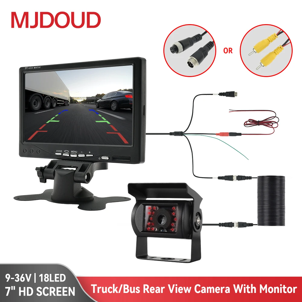 MJDOUD 7 Inch Car Monitor with Rear View Camera  for Truck Bus Parking 9-36V Security Display 1024*600 HD LCD Screen Universal