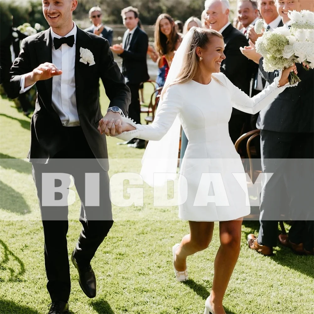 Robe de Mariée Courte Élégante à Manches sulf, Col Rond, lèvent en Satin, Fermeture Éclair au Dos, Patients Simples, Au-dessus du Genou, Éducative, 2024