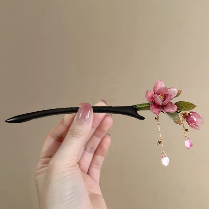 Chinese Style Floral Hair Stick Retro Traditional Hanfu Pink Flower Tassel Elegant Hair Accessory For Women Daily Party Hairpin image 5