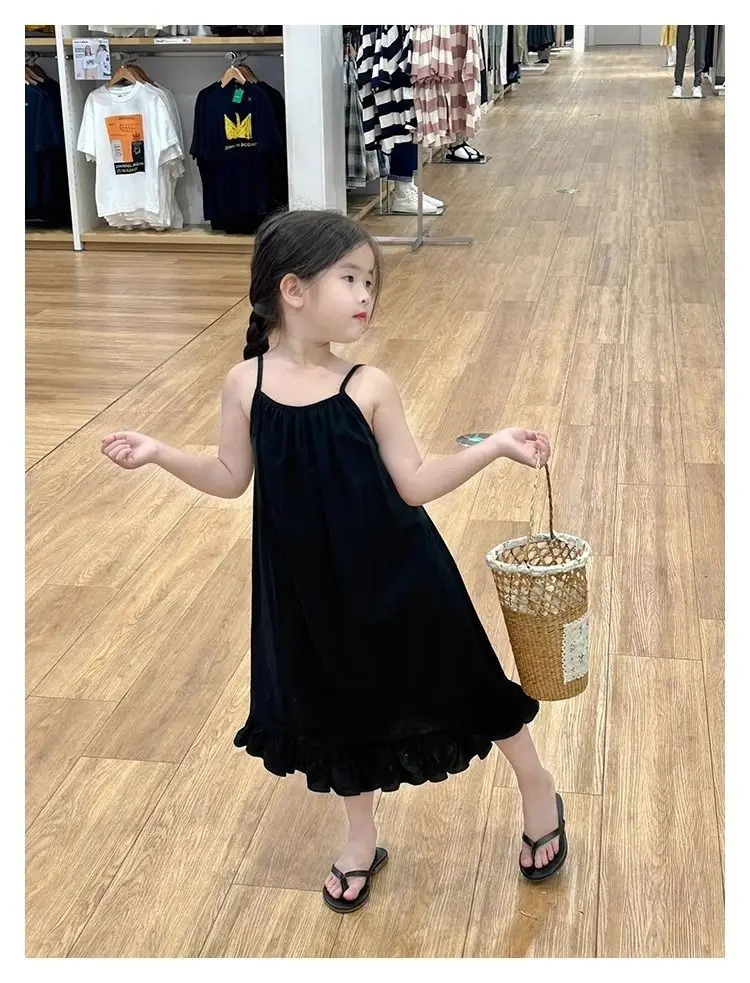 Korean Version Beach Dress Girls' Backless Summer Hildren's Beach Vacation Solid Color Fashion Kids Dress