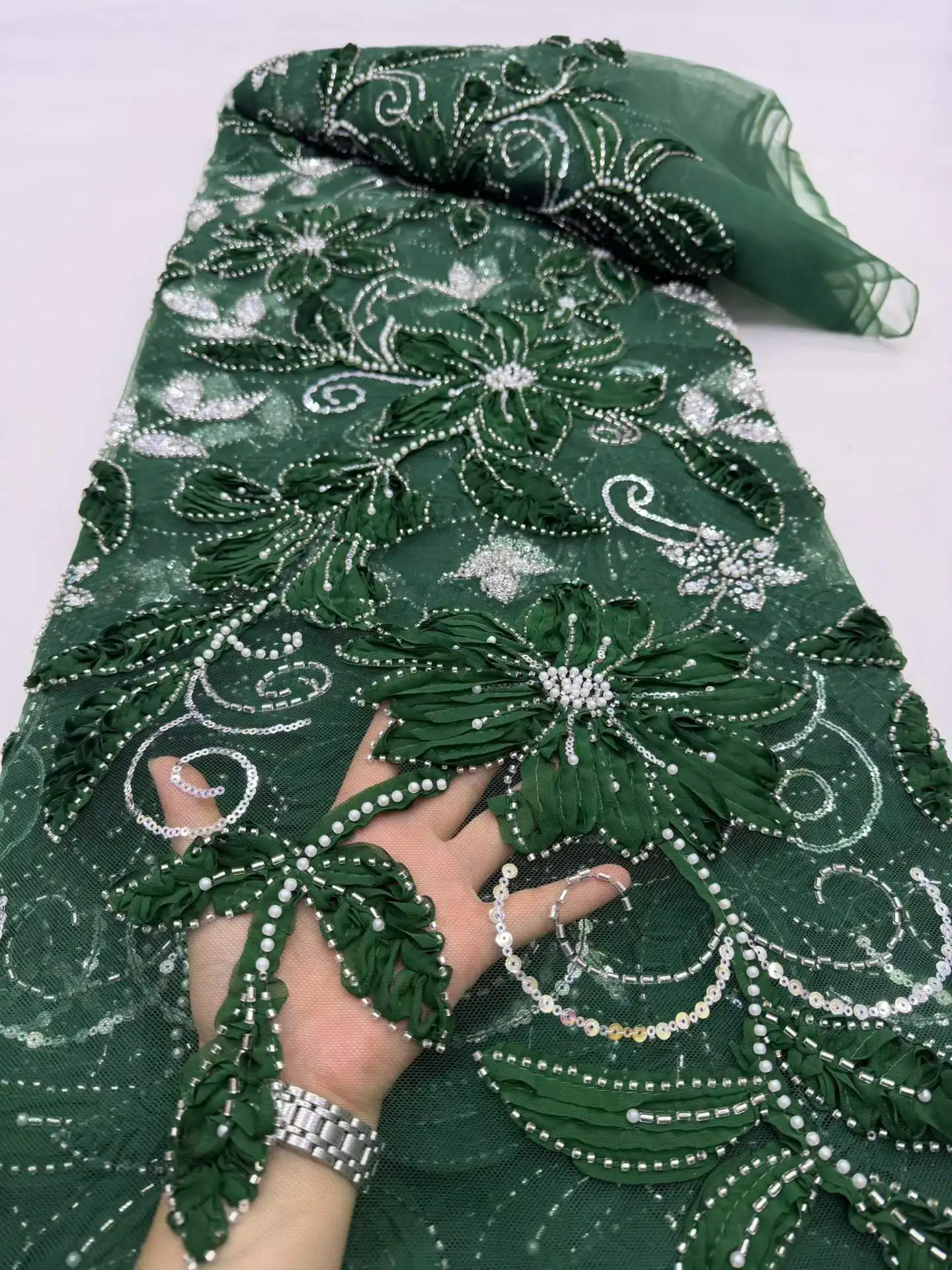 

Luxury Nigerian African Beaded Lace Fabric 2026 High Quality 3D Sequins Embroidery African French Lace Fabric For Sewing Dress