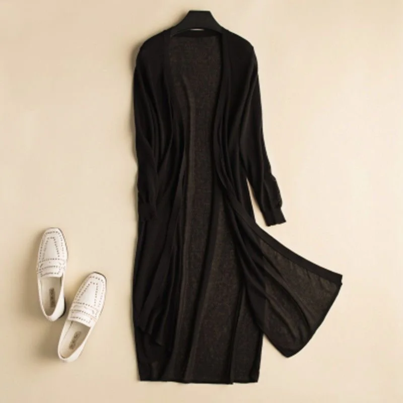 2026 Women Long Cardigan Poncho Summer Autumn Thin Silk Knitted Cardigans Female Knitted Sweater Casual Loose Coat Jacket