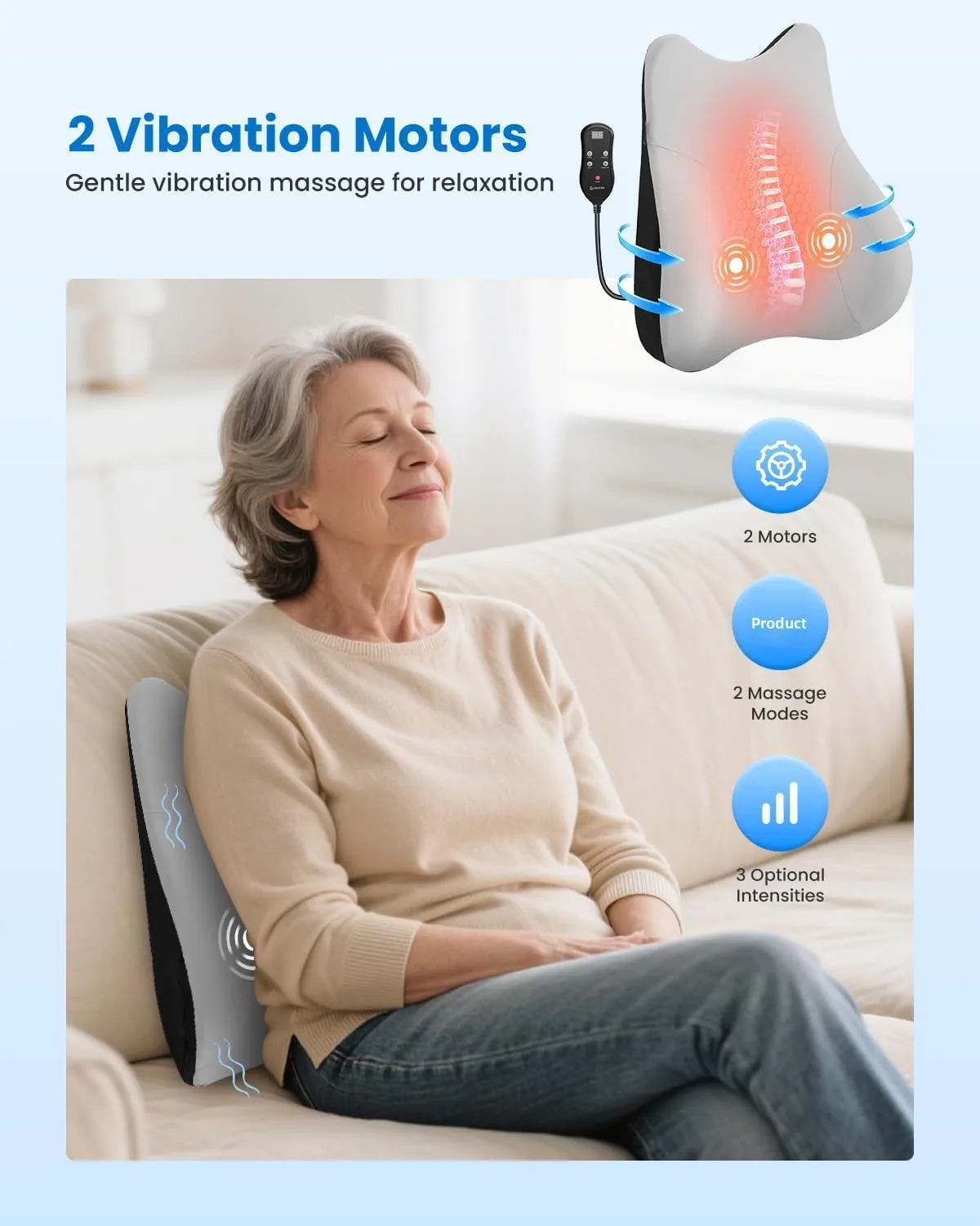 Lumbar Support Massage Pillow, Heated Back, 3 Vibration Modes, 3 Intensities, Timing Control, USB Powered, Ergonomic Design