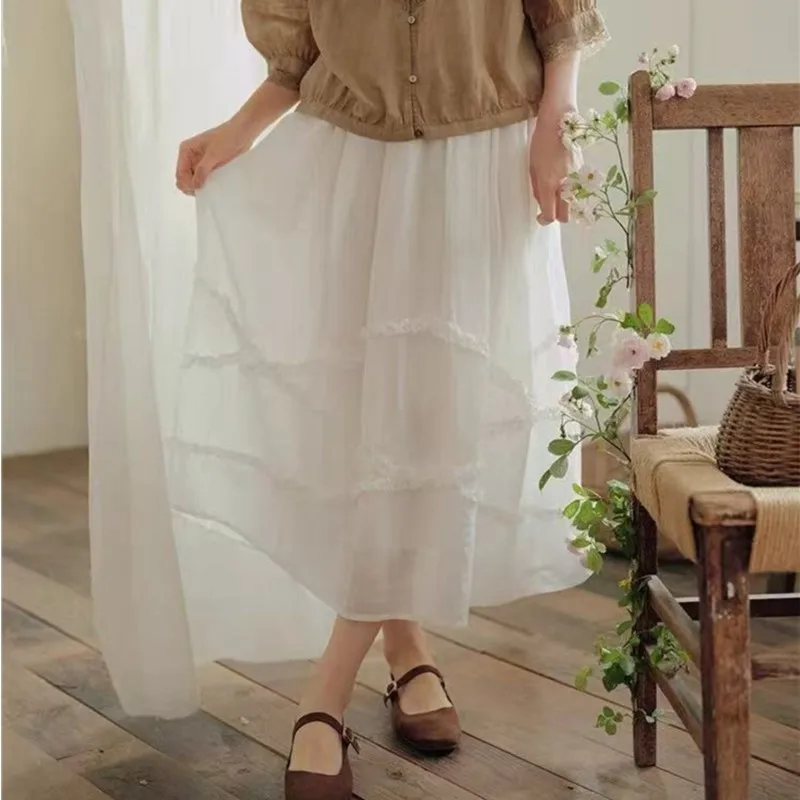 

Johnature Japanese Light Ramie Belt Lined Skirt Women 2025 New Elastic Waist Loose Versatile Simple Casual Japanese Women Skirts