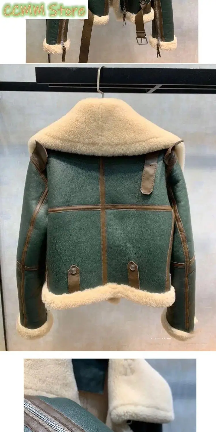 New Winter Clothes Green Stitching Large Lapel Motorcycle Clothing Women\'s Thickened Short Fur One-Piece Sheepskin Coat