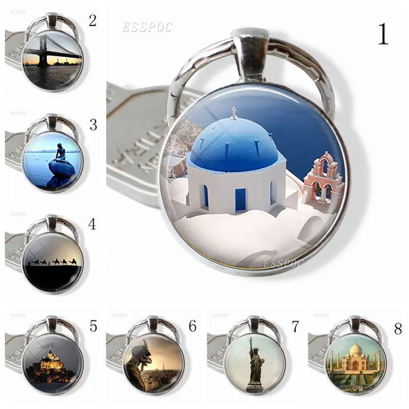 Photo Key Chain Brooklyn Bridge Statue of Liberty Paris Gargoyle Notre Dame Famous Sites Glass Pendant Fashion Car Key Ring