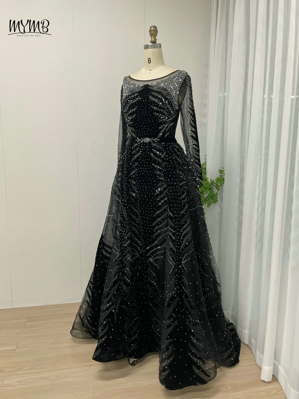 MYMB Black Scoop Neck A-Line Women Formal Party Elegant Gown Long Sleeves Beaded Illusion Back Evening Dress vestidos de novia
