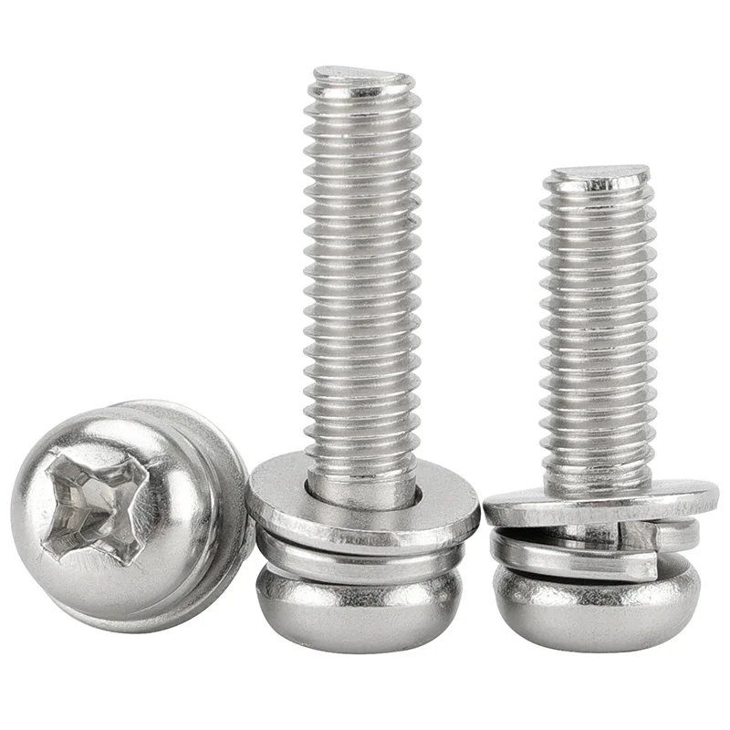 304 Stainless Steel Phillips Cross Recessed Pan Head Sems Screws Flat Spring Washers M2~M10 Three Combination Machine sems screw