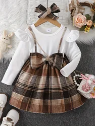 2-5 year old new small and medium-sized girl's spring and autumn flying sleeve fake two-piece plaid bow long sleeved dress