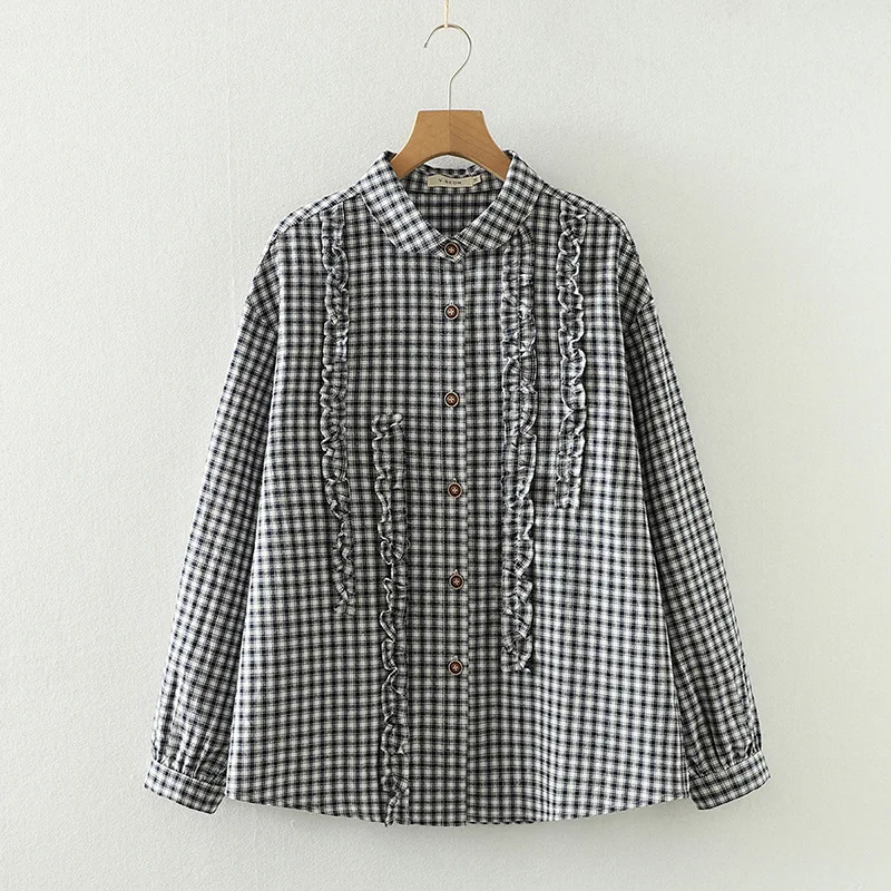 Youth blouses woman long sleeve shirts cotton yarn stringy selvedge checkered shirts mori girl basic shirts cute clothes