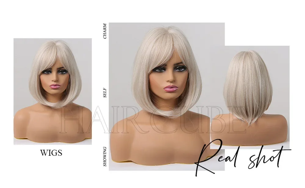 Wig rambut lurus putih BOB Ombre pendek 12 "untuk wig pesta kostum Cosplay Halloween Natal wanita