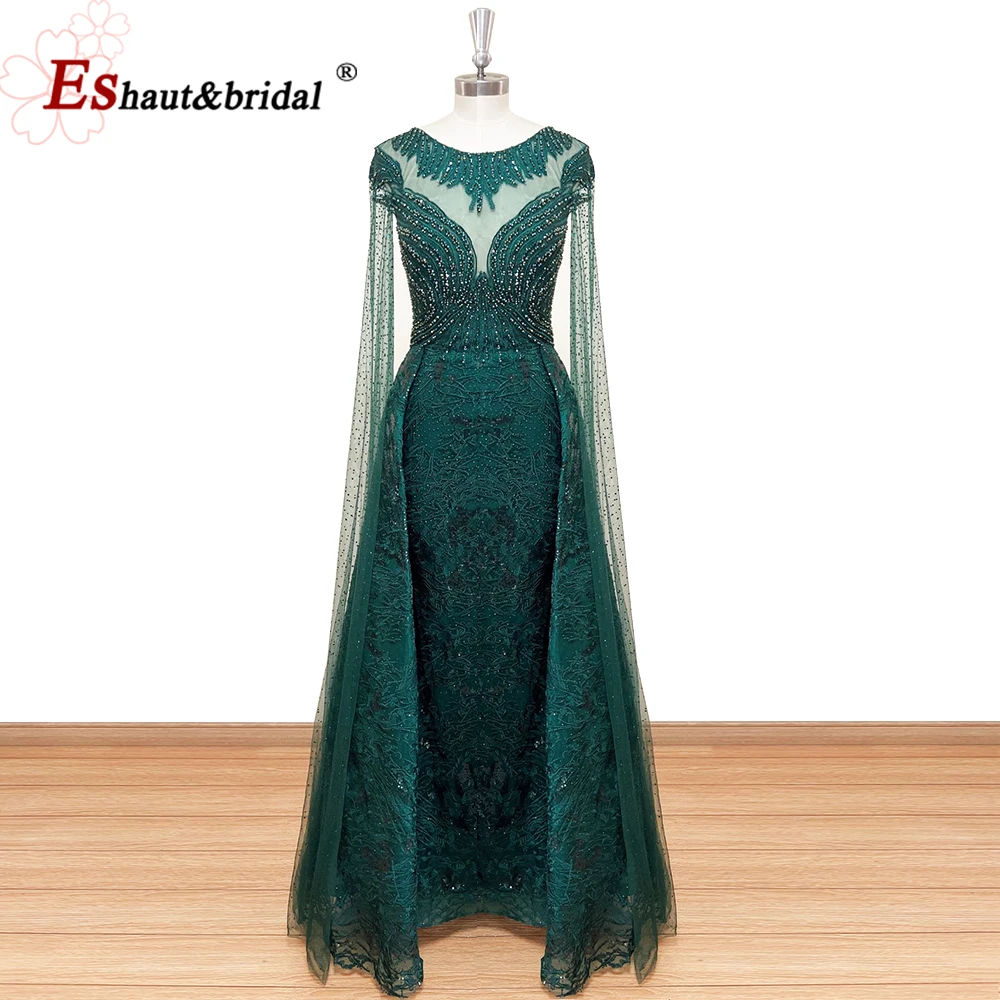 Elegant Green Mermaid Lace Evening Night Dress for Woman 2024 O Neck Crystal Long Cape Sleeves Formal Prom Wedding Party Gowns