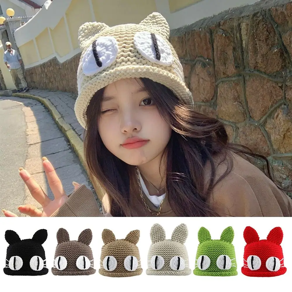 

Funny Big Eye Cat Beanie Hat Cartoon Windproof Pullover Cap Keep Warm Knitted Hat Autumn and Winter