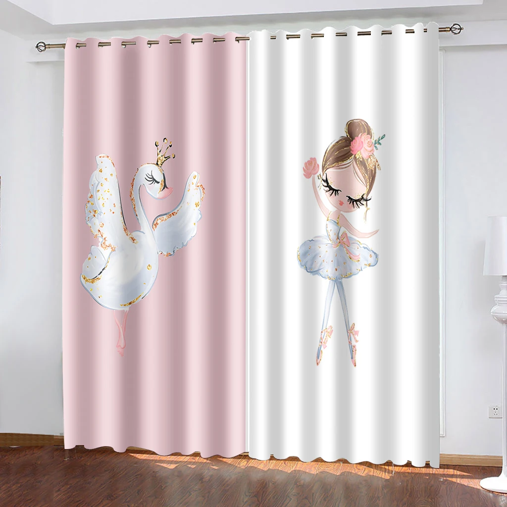 Cartoon Ballerina Princess Swan Pink Children\'s Cheap 2 Pieces Thin Curtain for Kid Teenagers Bedroom Living Room Window Decor