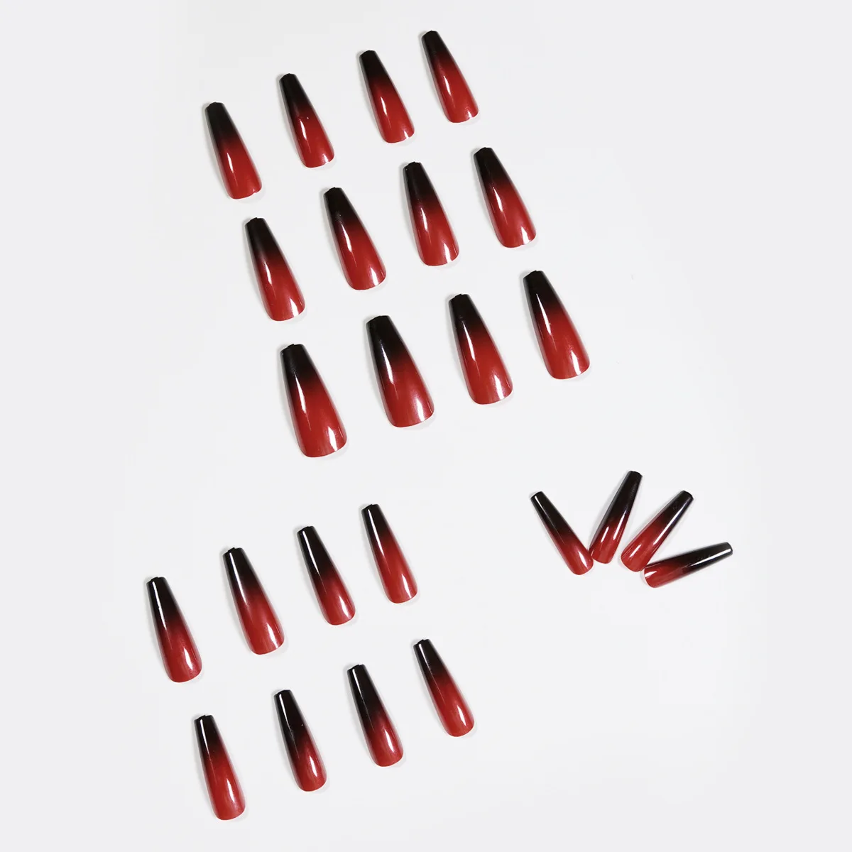 24 pieces of red and black gradient long ballet style artificial nails paired with nail stickers and nail decals.